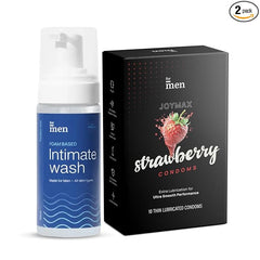 Formen Joymax Strawberry Flavored Condoms 10-count With Intimate Wash For Men | Anti Bacterial