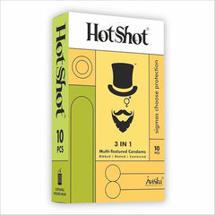 Hot Shot 3in1 Ribbed, Contoured, Dotted Condom For Men - 10 Count