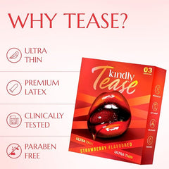 Kindly Tease Ultra Thin Strawberry Flavour Condoms For Men, Pack Of 3 - Extra Sensitive,0.05 Mm