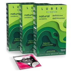 Lubex 6 In 1 Extra Time Condoms - Long Lasting With Ultra Thin & Extra Dotted - 36 Condom Pack Of 3