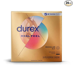 Durex Condom Real Feel Non Latex Condoms, 24 Count Ultra Fine & Lubricated For Skin On Skin Feeling