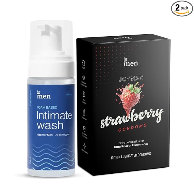 Formen Joymax Strawberry Flavored Condoms 10-count With Intimate Wash For Men | Anti Bacterial