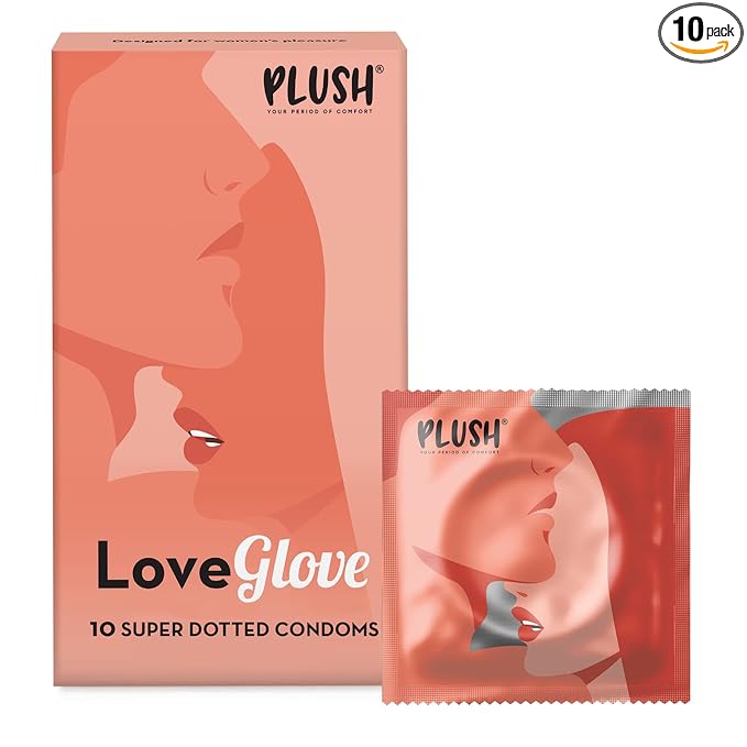 Plush Loveglove Extra Super Dotted Condoms For Men, Unflavoured - 10 Count Naturally Sourced Latex