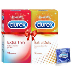 Pleasure Packs (Durex Extra Thin 10s, Extra Dots 10s)- Pack Of 2