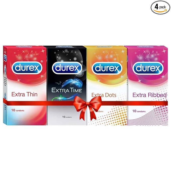 Durex Multi-pack Condoms For Men (Extra Time, Dotted, Ribbed, Extra Time) - 10 Count (Pack Of 4)