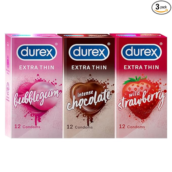 Durex Extra Thin Flavoured Condoms, 12s, Pack Of 3 (Bubblegum + Chocolate + Strawberry)
