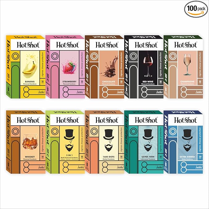 Hotshot Condom Men 100 Pack - Multi-flavored, Ultra Thin, Ribbed & Dotted, Extra Time (Set Of 10)