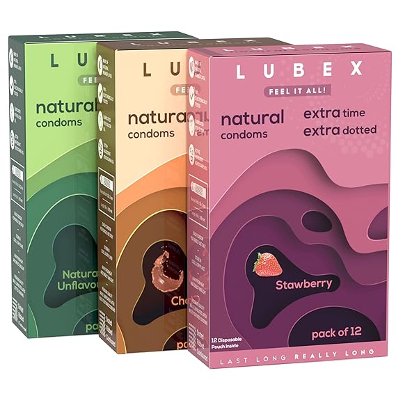 Lubex 6 In 1 Extra Time Condoms - Long Lasting With Disposable Bags - 36 Condom (Pack Of 3)