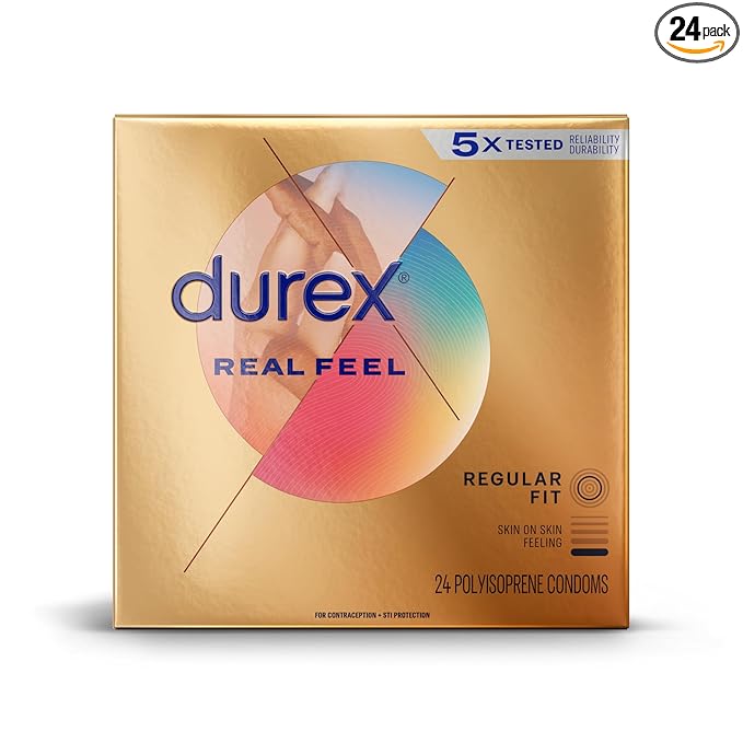 Durex Condom Real Feel Non Latex Condoms, 24 Count Ultra Fine & Lubricated For Skin On Skin Feeling