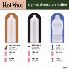 Hotshot Honeymoon 4in1 Extra Time, Ribbed, Dotted, Red Wine, Chocolate Flavor Condoms, 50 Count