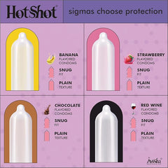 Hotshot Condom Men 100 Pack - Multi-flavored, Ultra Thin, Ribbed & Dotted, Extra Time (Set Of 10)