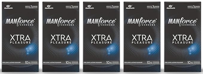 Manforce Xtra Pleasure Xtra Dotted Climax Delay Condoms, Unflavoured, 10 Pcs (Pack Of 5)