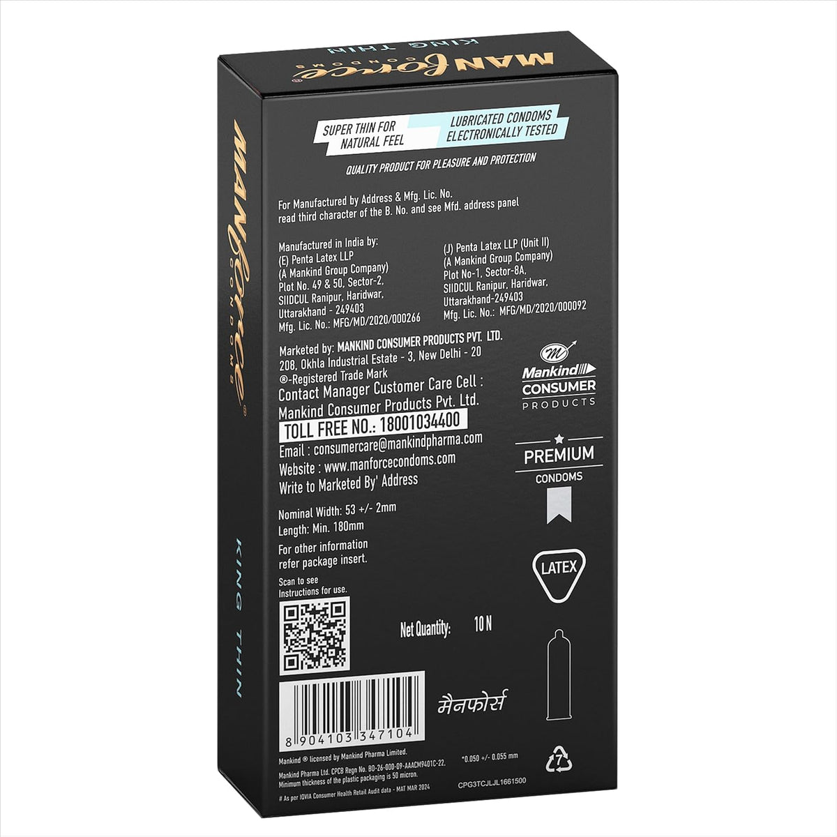 Manforce King Thin Ultra-Thin Unflavoured Condoms, 10 Pieces x Pack of 10