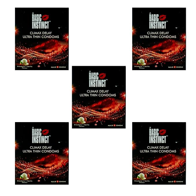 Basic Instinct Climax Delay Ultra Thin Latex Condoms For Men Strawberry And Vanilla 3 Pcs Pack Of 5