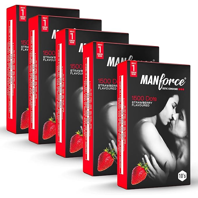 Manforce Xotic Strawberry Flavoured Condoms For Men 50 Pcs Extra Dotted & Lubricated Latex Condoms