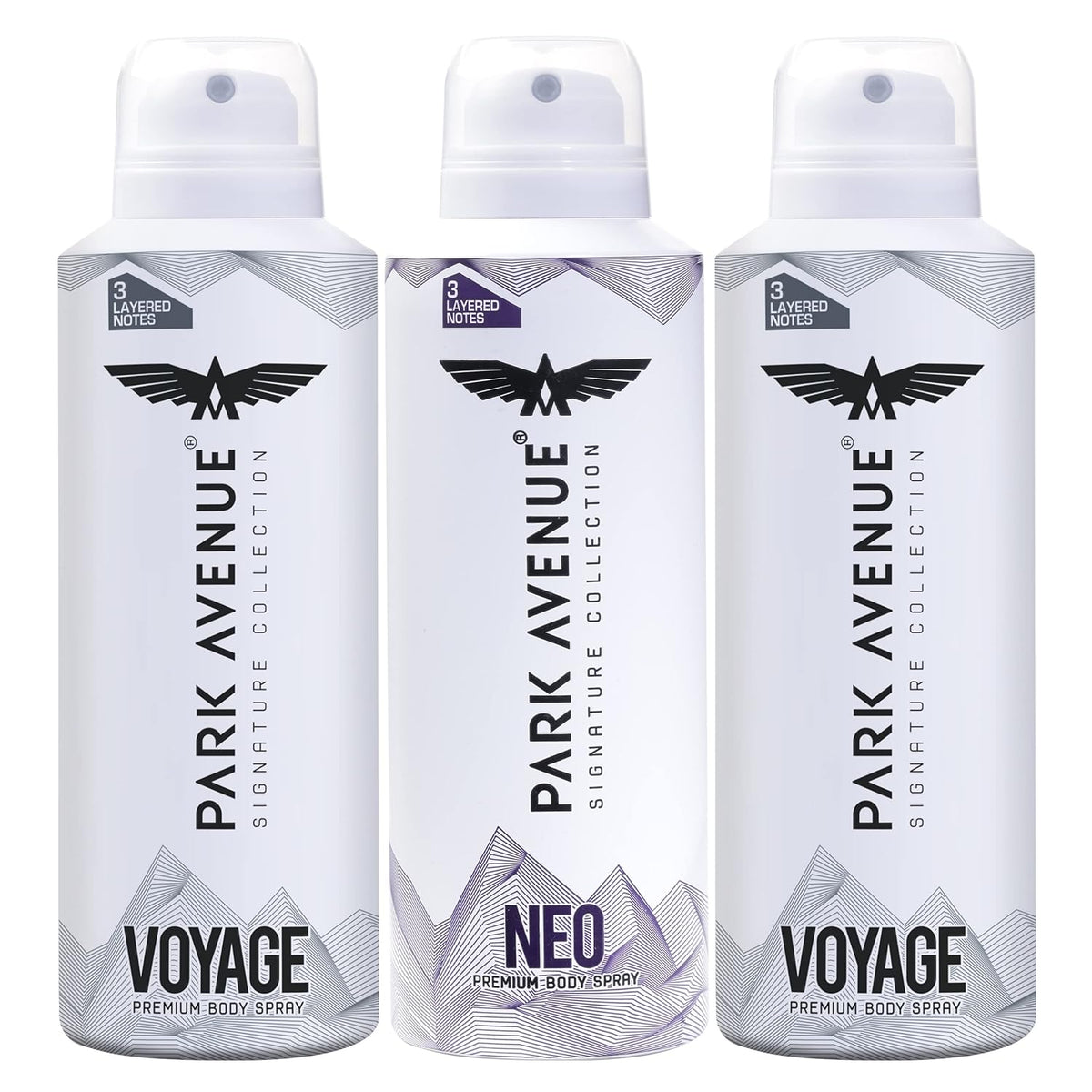 PARK AVENUE 2X VOYAGE + NEO DEODORANT BODY SPRAY FOR MEN 150ML 5.0 FL.OZ. EACH PACK OF 3